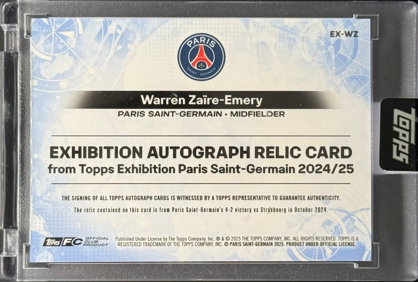 Warre Zaïre-Emery 45/50 Exhibition Autograph Relic Card |Topps PSG Exhibiton 2024-2025
